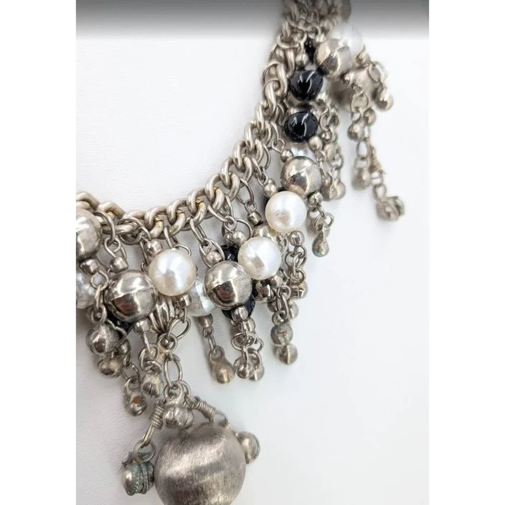 Statement Bib Necklace Silver Tone Faux Pearl Black Bead Cha Cha Charm 19 Inch